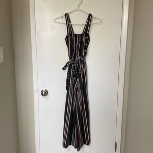 Striped wide leg romper with buttons and waist tie